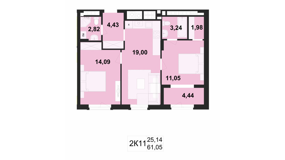 Планування 2-кімнатної квартири в ЖК Київський 61.05 м², фото 394381