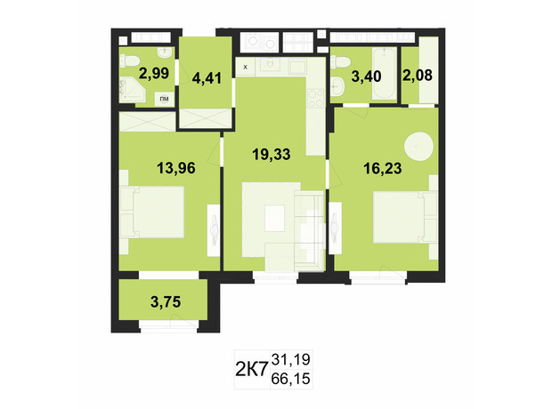 ЖК Київський: планування 2-кімнатної квартири 66.15 м²