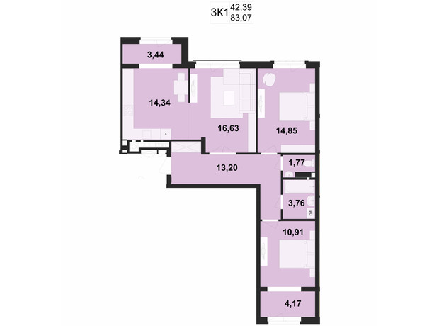 ЖК Киевский: планировка 3-комнатной квартиры 83.07 м²