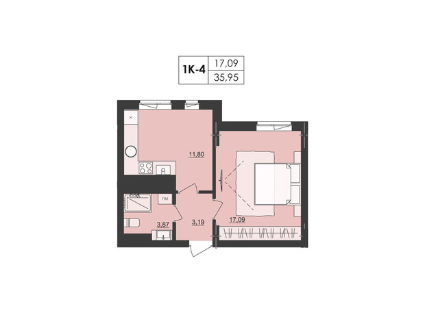 ЖК Київський: планування 1-кімнатної квартири 35.95 м²