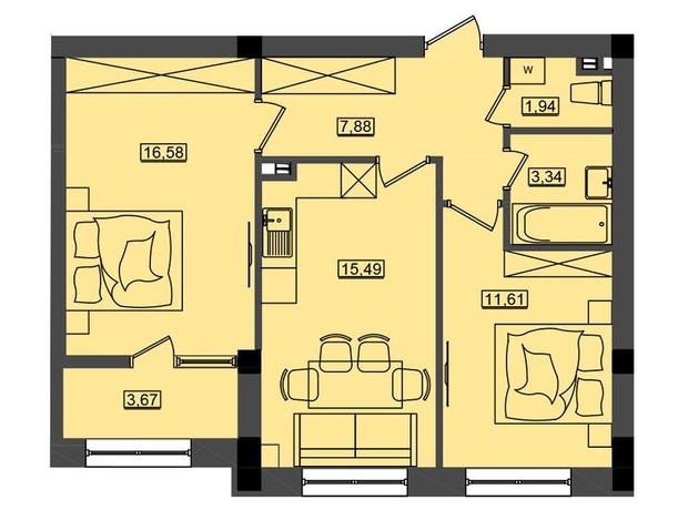 ЖК Дом у моря Premier: планировка 2-комнатной квартиры 60.51 м²