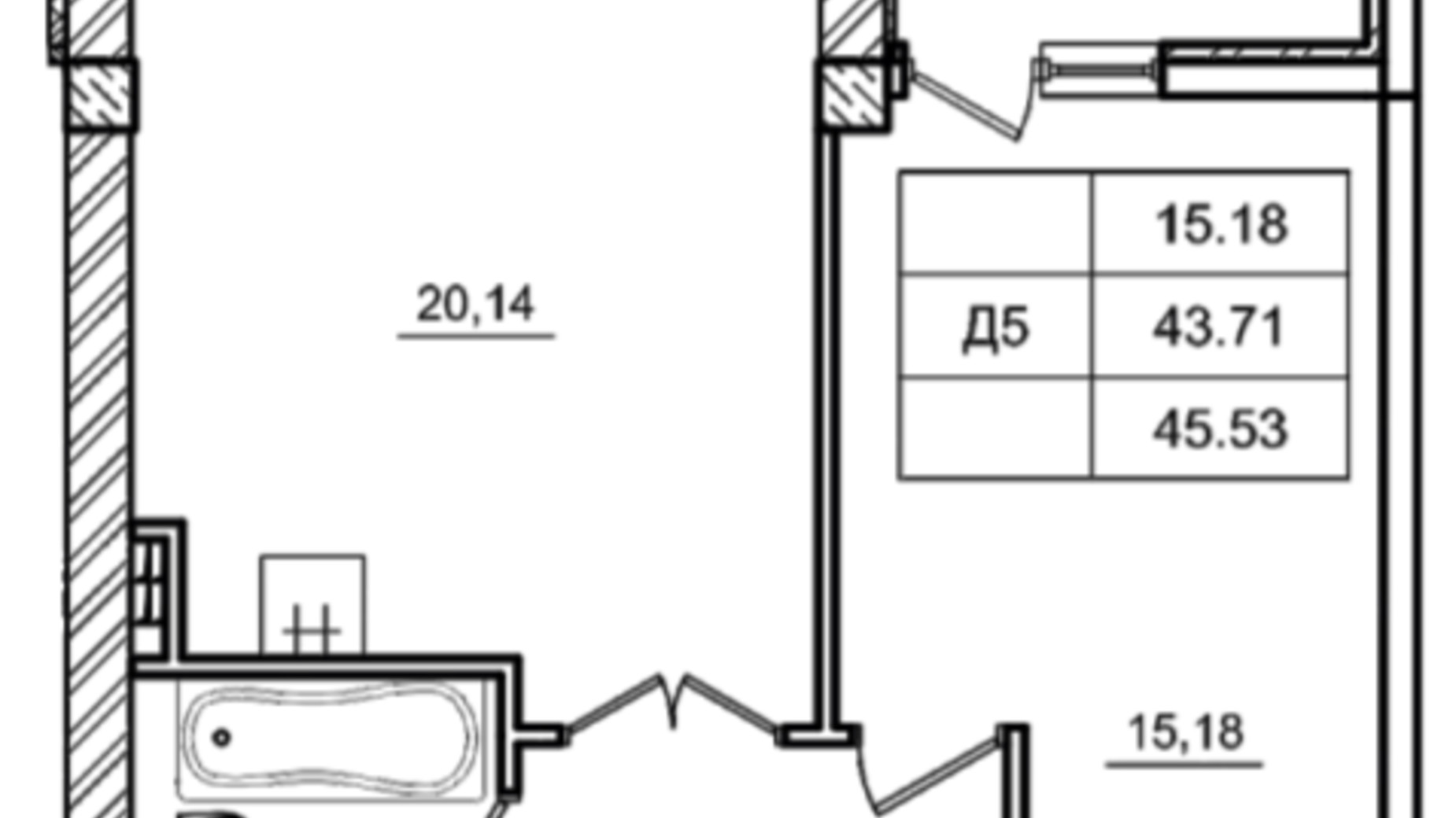 Планування 1-кімнатної квартири в ЖК Дім у моря 45.53 м², фото 395866