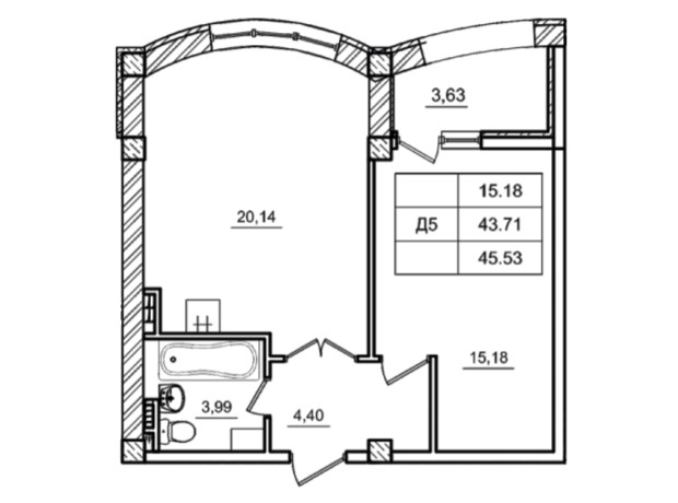 ЖК Дом у моря: планировка 1-комнатной квартиры 45.53 м²