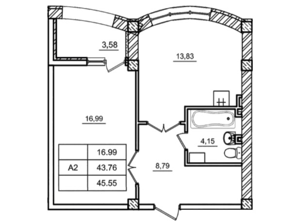 ЖК Дім у моря: планування 1-кімнатної квартири 45.55 м²