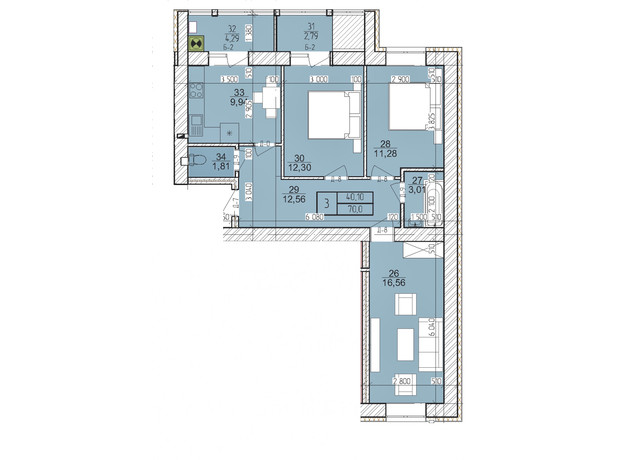 ЖК Болгарский: планировка 3-комнатной квартиры 70 м²