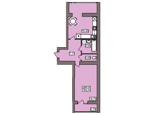 ЖК Северный: планировка 1-комнатной квартиры 50.37 м²