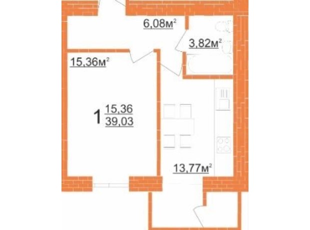 ЖК Кудрянка: планировка 1-комнатной квартиры 39.03 м²
