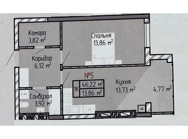 ЖБК Вербицького 7: планировка 1-комнатной квартиры 46.22 м²