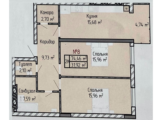 ЖБК Вербицького 7: планировка 2-комнатной квартиры 74.46 м²
