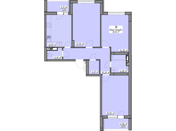 ЖК Одесские традиции: планировка 3-комнатной квартиры 82.46 м²