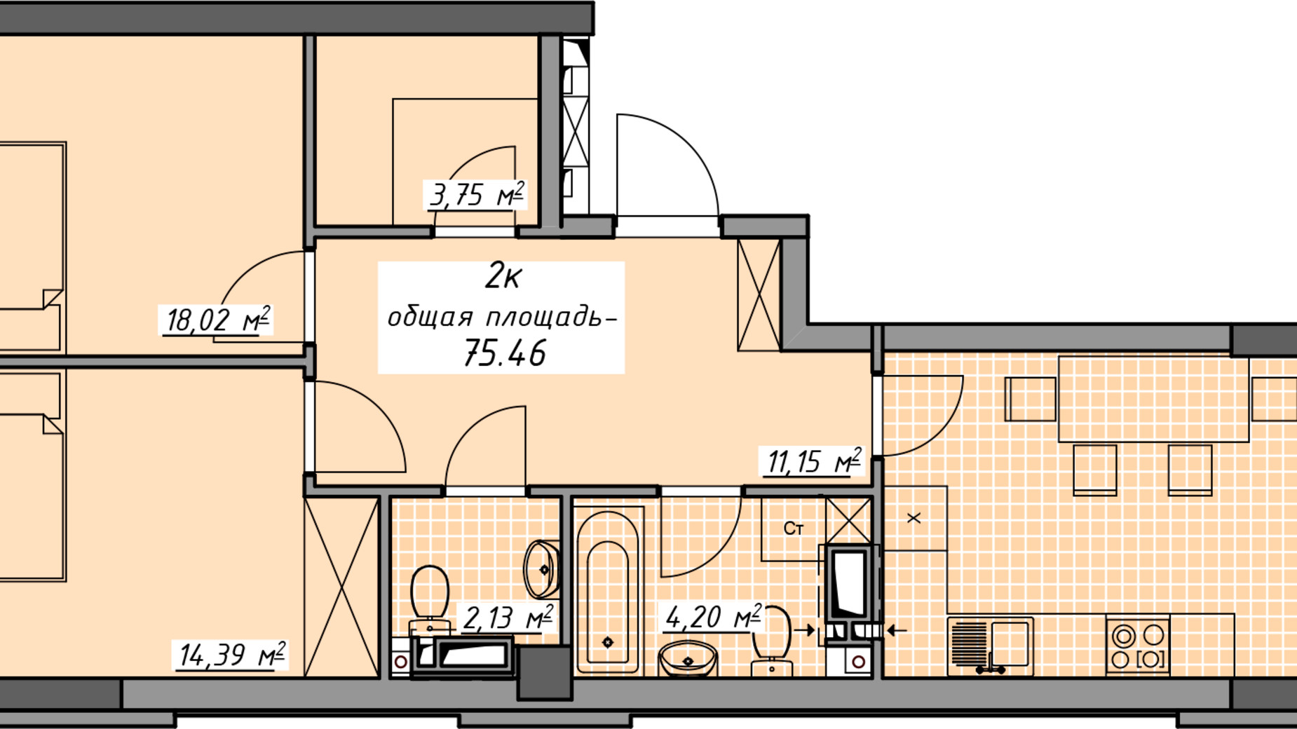 Планировка 2-комнатной квартиры в ЖК Атмосфера 75.46 м², фото 396553