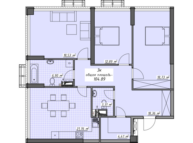 ЖК Атмосфера: планировка 3-комнатной квартиры 104.89 м²