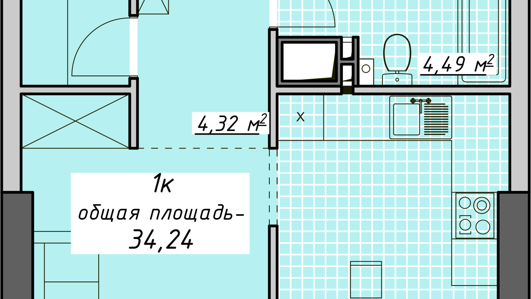 Планировка 1-комнатной квартиры в ЖК Атмосфера 34.24 м², фото 396555