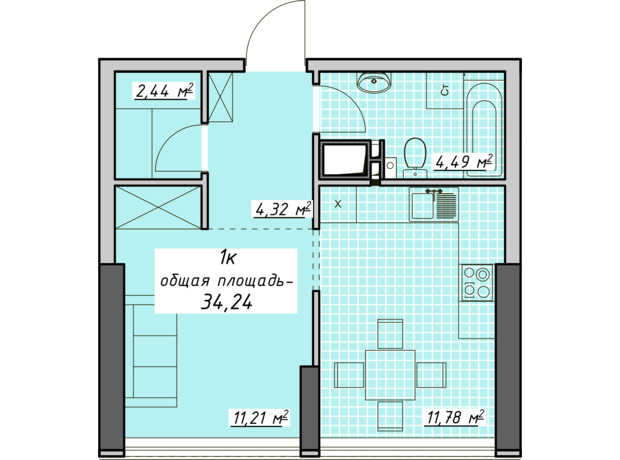 ЖК Атмосфера: планировка 1-комнатной квартиры 34.24 м²