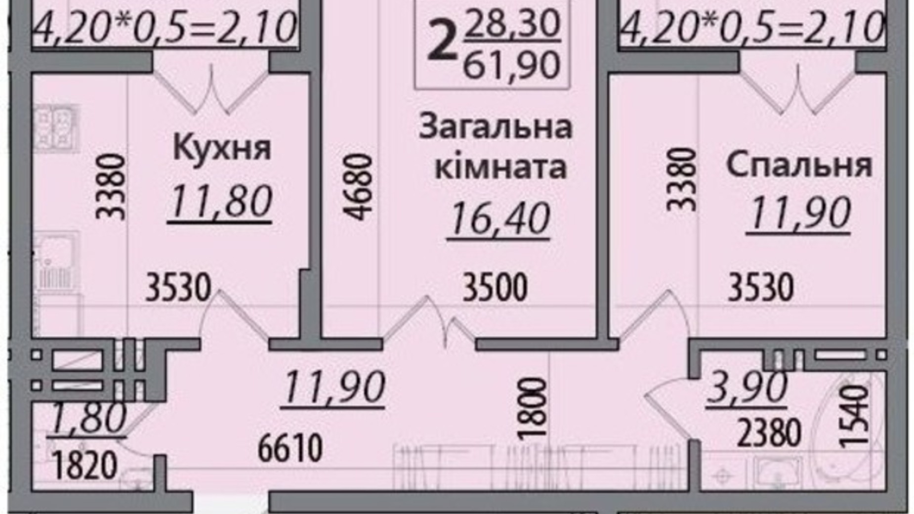 Планировка 2-комнатной квартиры в ЖК Senator 61.9 м², фото 396561