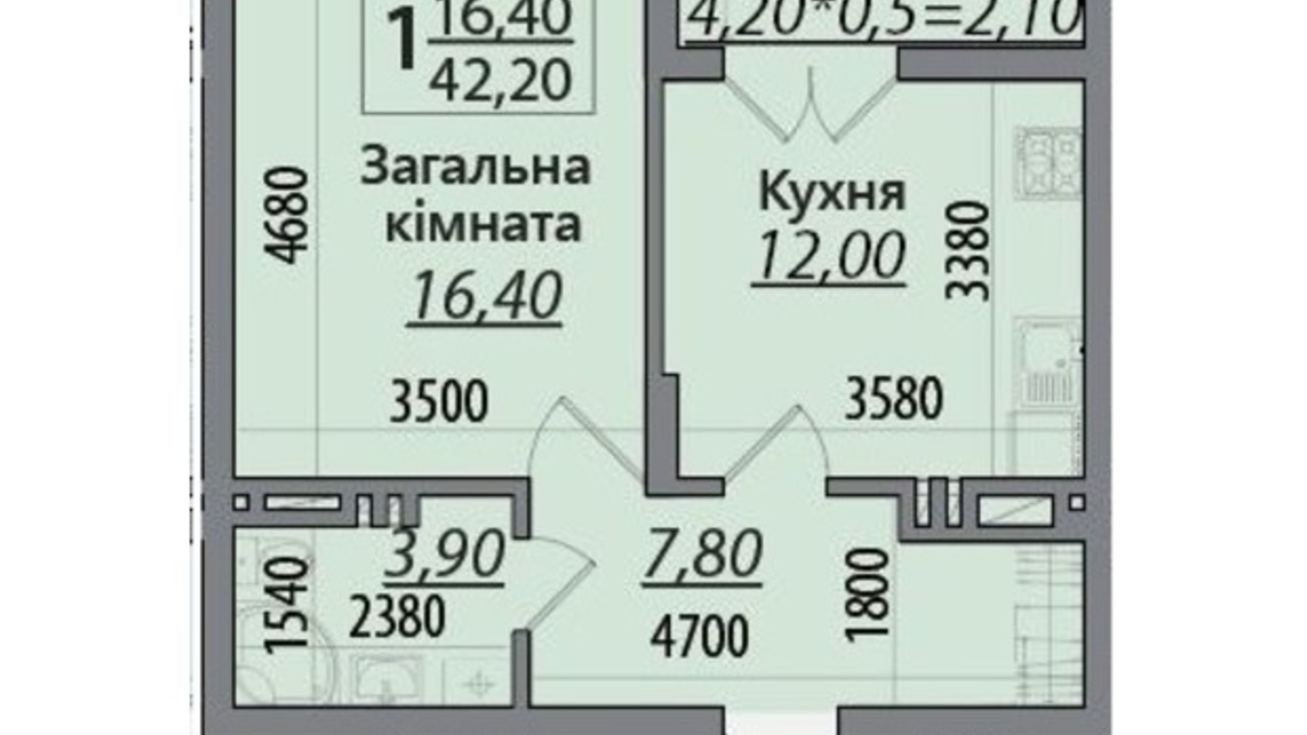 Планування 1-кімнатної квартири в ЖК Senator 42.2 м², фото 396563