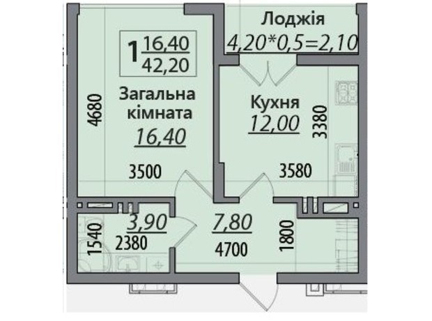 ЖК Senator: планування 1-кімнатної квартири 42.2 м²