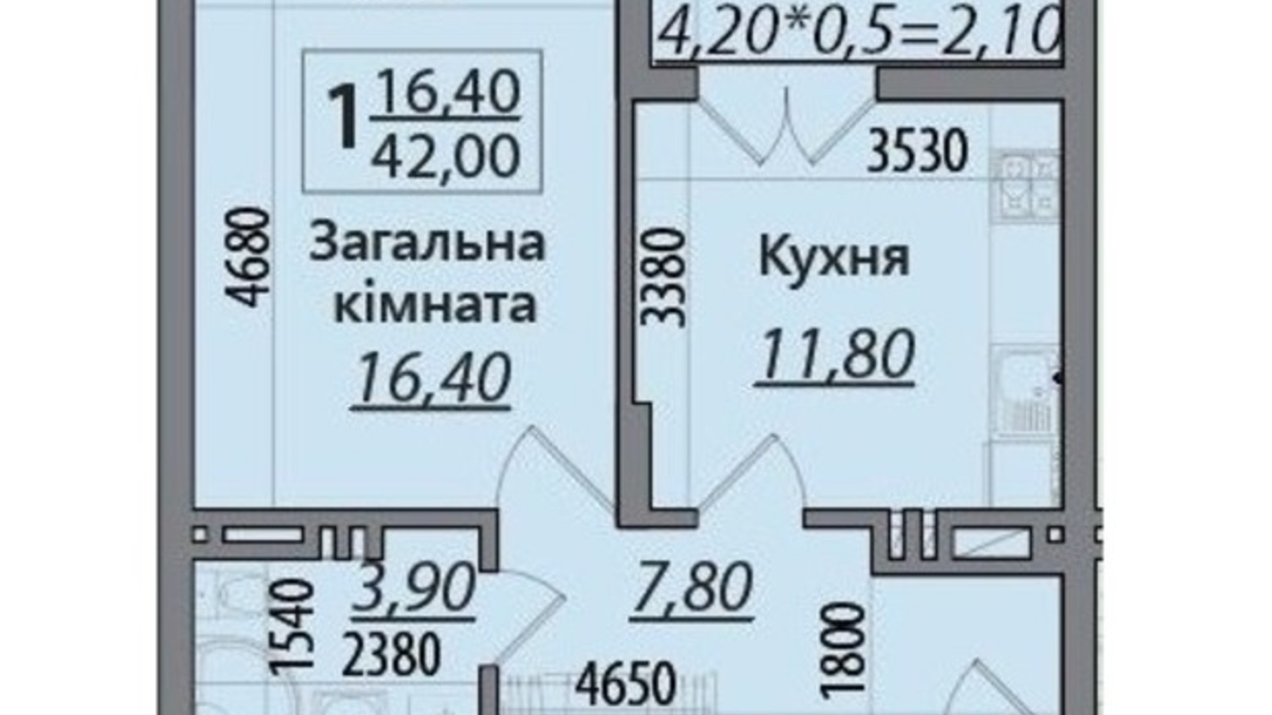 Планування 1-кімнатної квартири в ЖК Senator 42 м², фото 396564