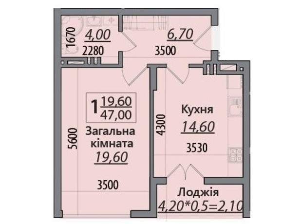 ЖК Senator: планировка 1-комнатной квартиры 47 м²
