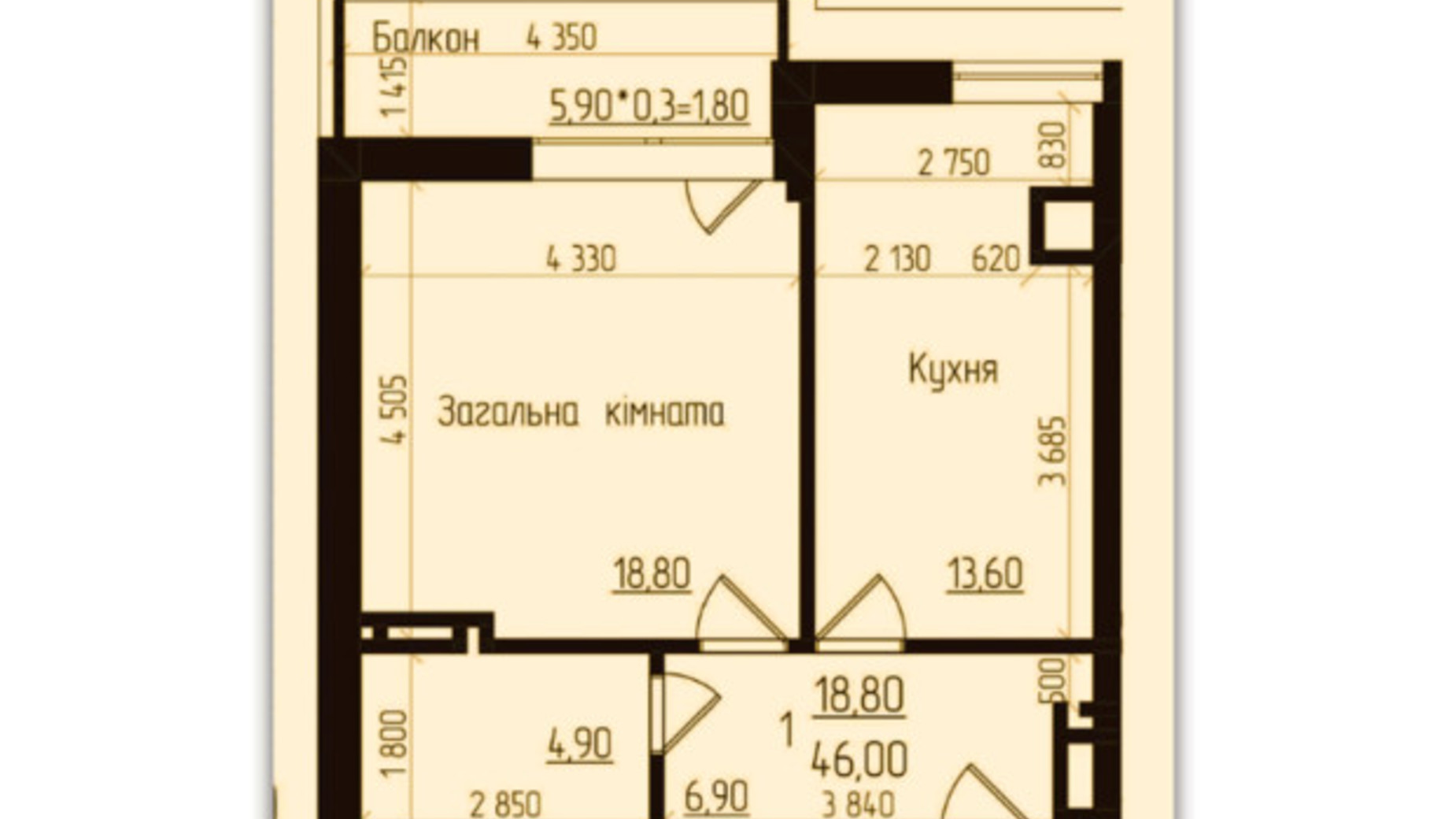 Планировка 1-комнатной квартиры в ЖК Senator 46.5 м², фото 396571