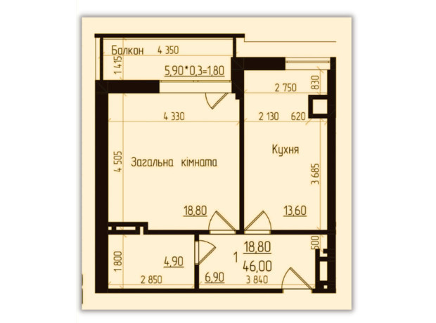 ЖК Senator: планировка 1-комнатной квартиры 46.5 м²