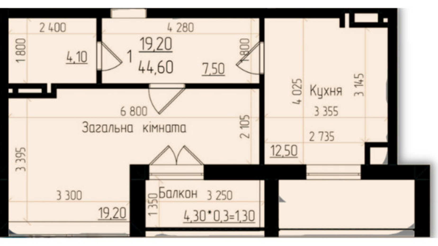 Планування 1-кімнатної квартири в ЖК Senator 45 м², фото 396572