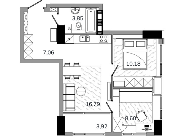 ЖК MARSHALL: планування 1-кімнатної квартири 51.36 м²