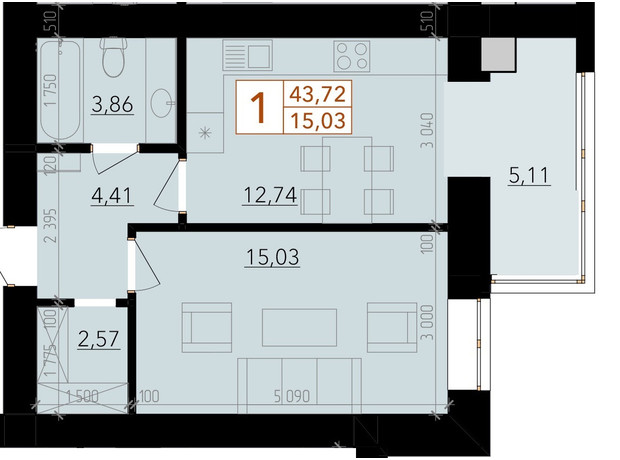 ЖК Harmony for life: планировка 1-комнатной квартиры 43.72 м²