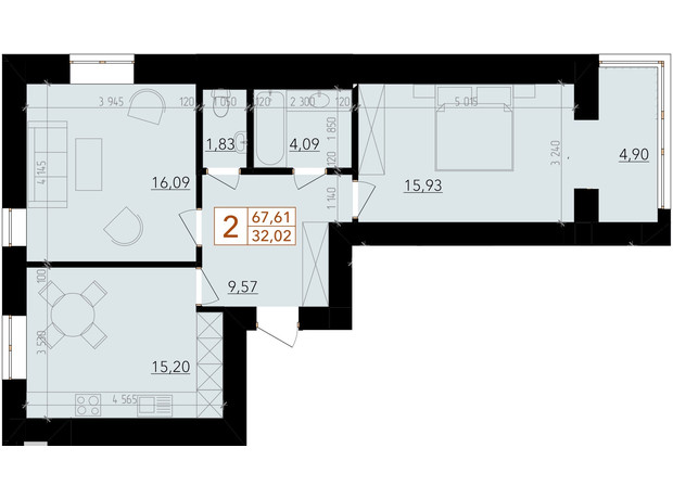 ЖК Harmony for life: планування 2-кімнатної квартири 67.61 м²