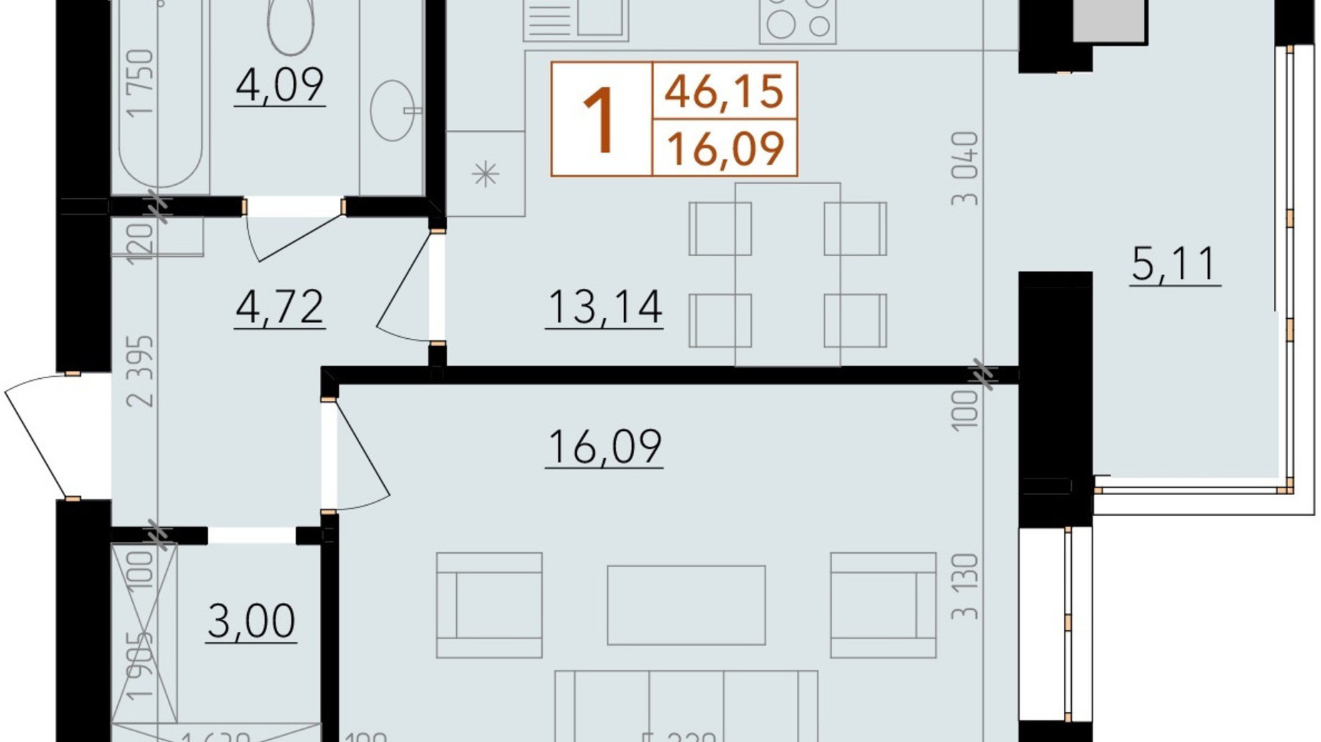 Планування 1-кімнатної квартири в ЖК Harmony for life 46.15 м², фото 396627