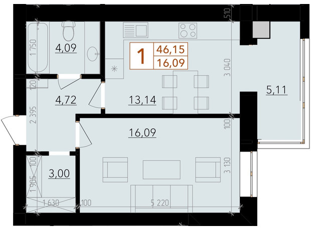 ЖК Harmony for life: планировка 1-комнатной квартиры 46.15 м²