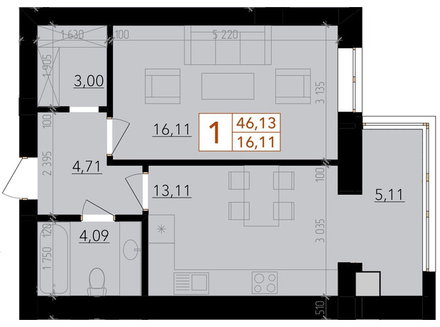 ЖК Harmony for life: планировка 1-комнатной квартиры 46.13 м²