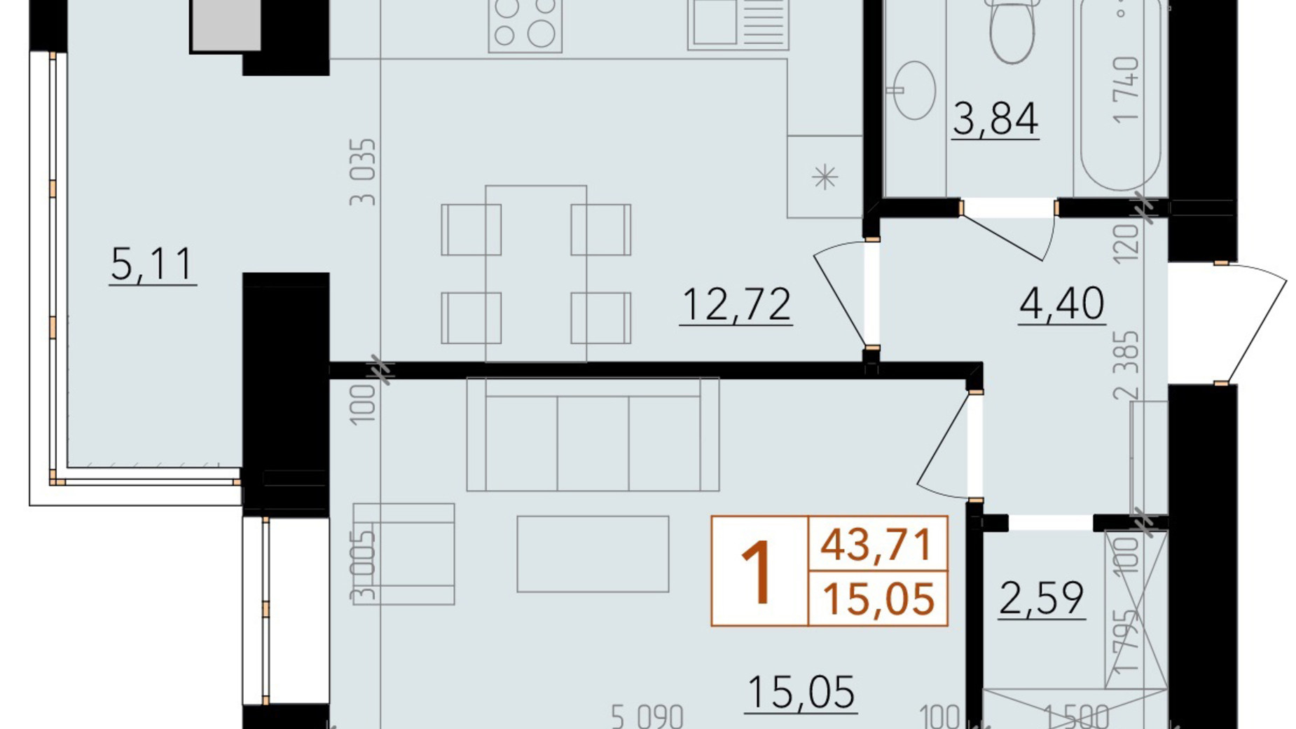 Планування 1-кімнатної квартири в ЖК Harmony for life 43.71 м², фото 396632