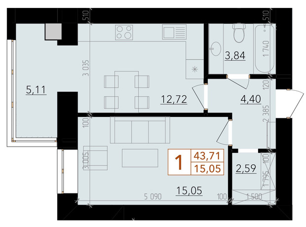 ЖК Harmony for life: планування 1-кімнатної квартири 43.71 м²