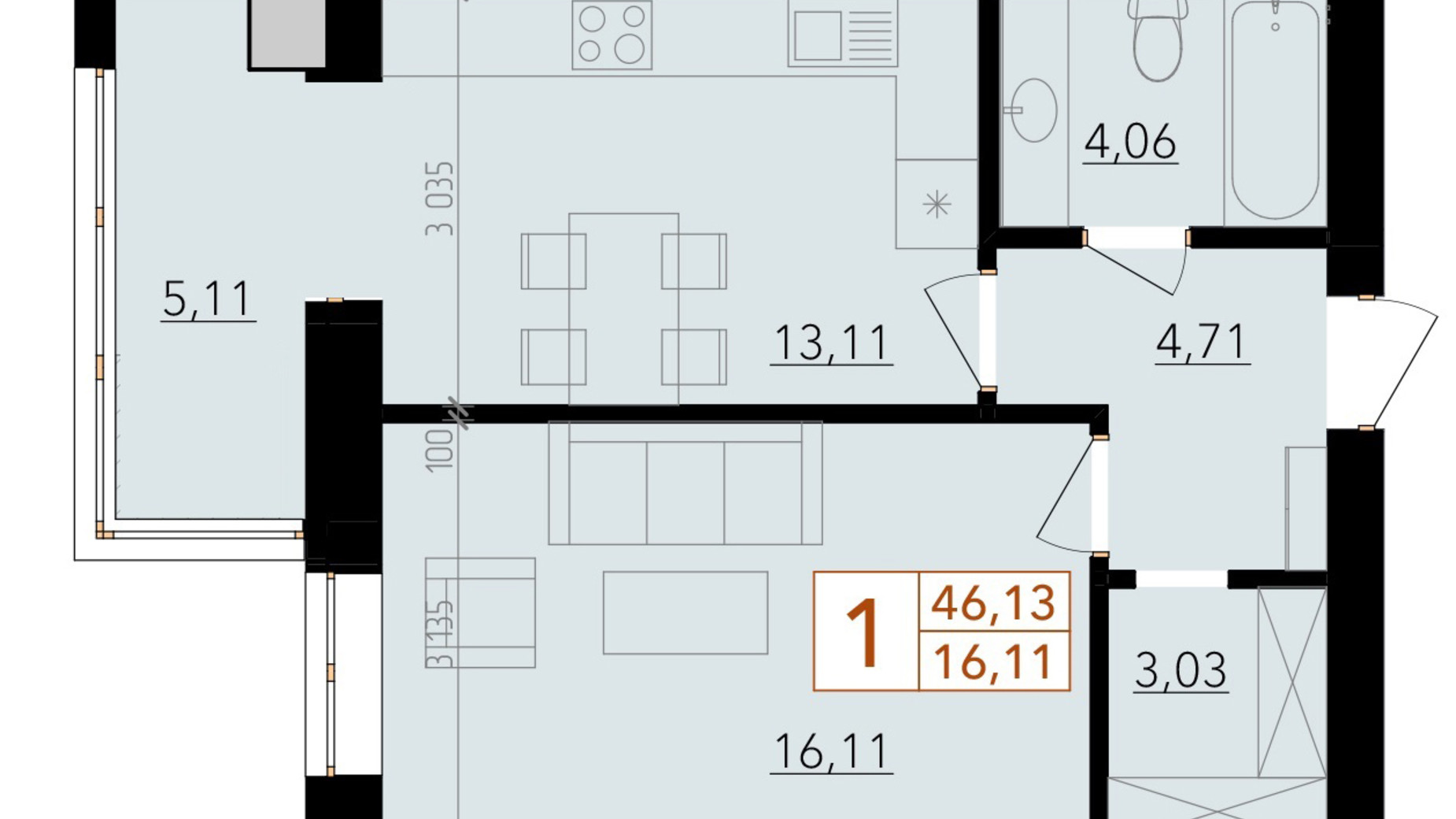 Планування 1-кімнатної квартири в ЖК Harmony for life 46.13 м², фото 396636