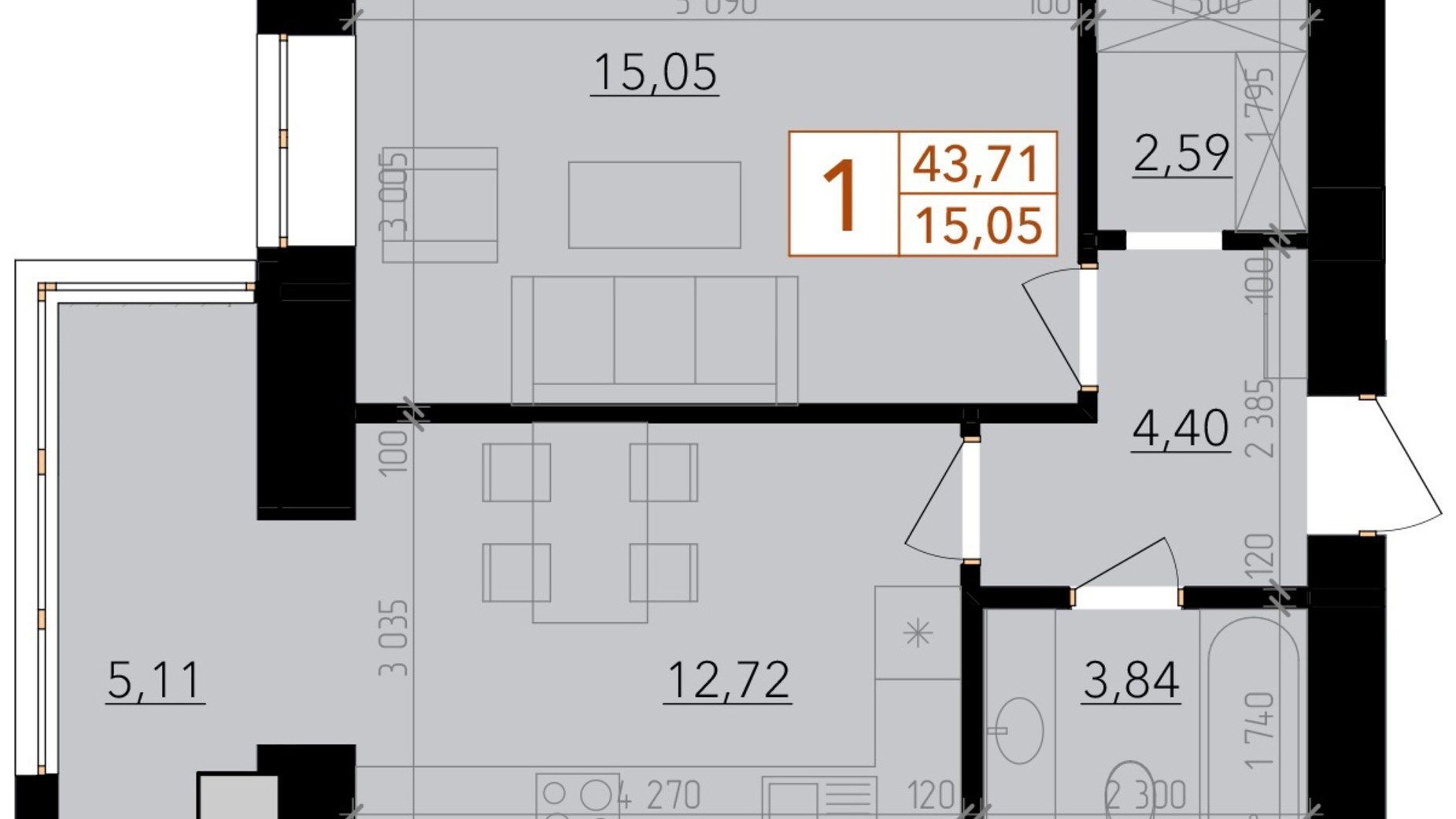 Планировка 1-комнатной квартиры в ЖК Harmony for life 46.13 м², фото 396640