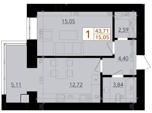 ЖК Harmony for life: планування 1-кімнатної квартири 46.13 м²