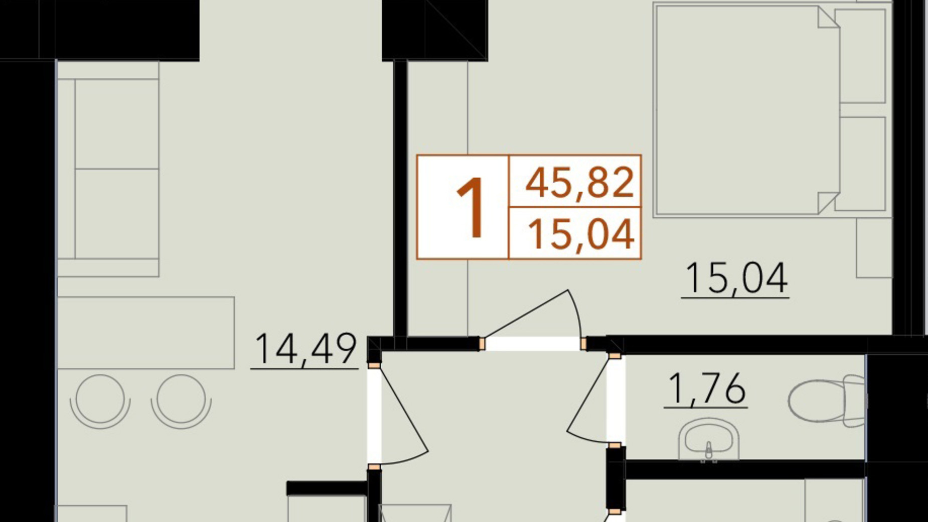 Планування 1-кімнатної квартири в ЖК Harmony for life 45.82 м², фото 396642