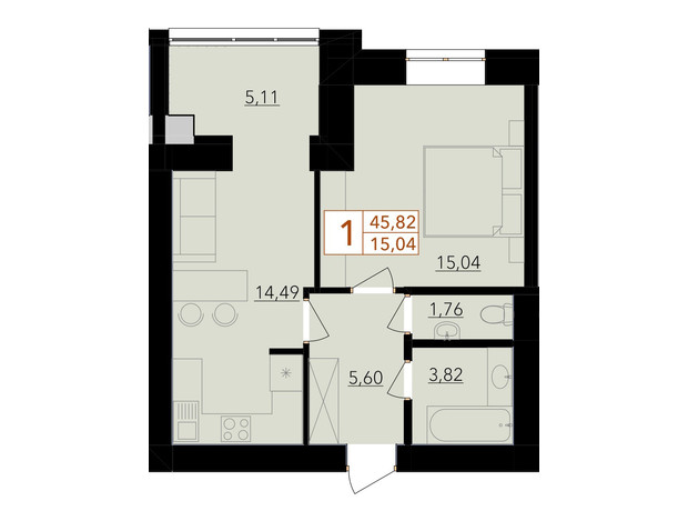 ЖК Harmony for life: планировка 1-комнатной квартиры 45.82 м²