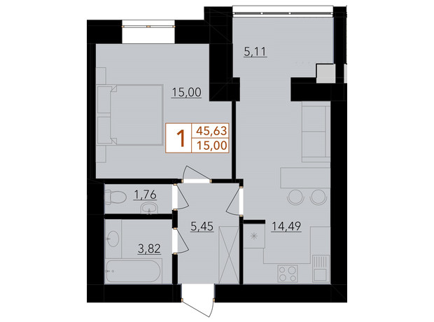 ЖК Harmony for life: планировка 1-комнатной квартиры 45.63 м²