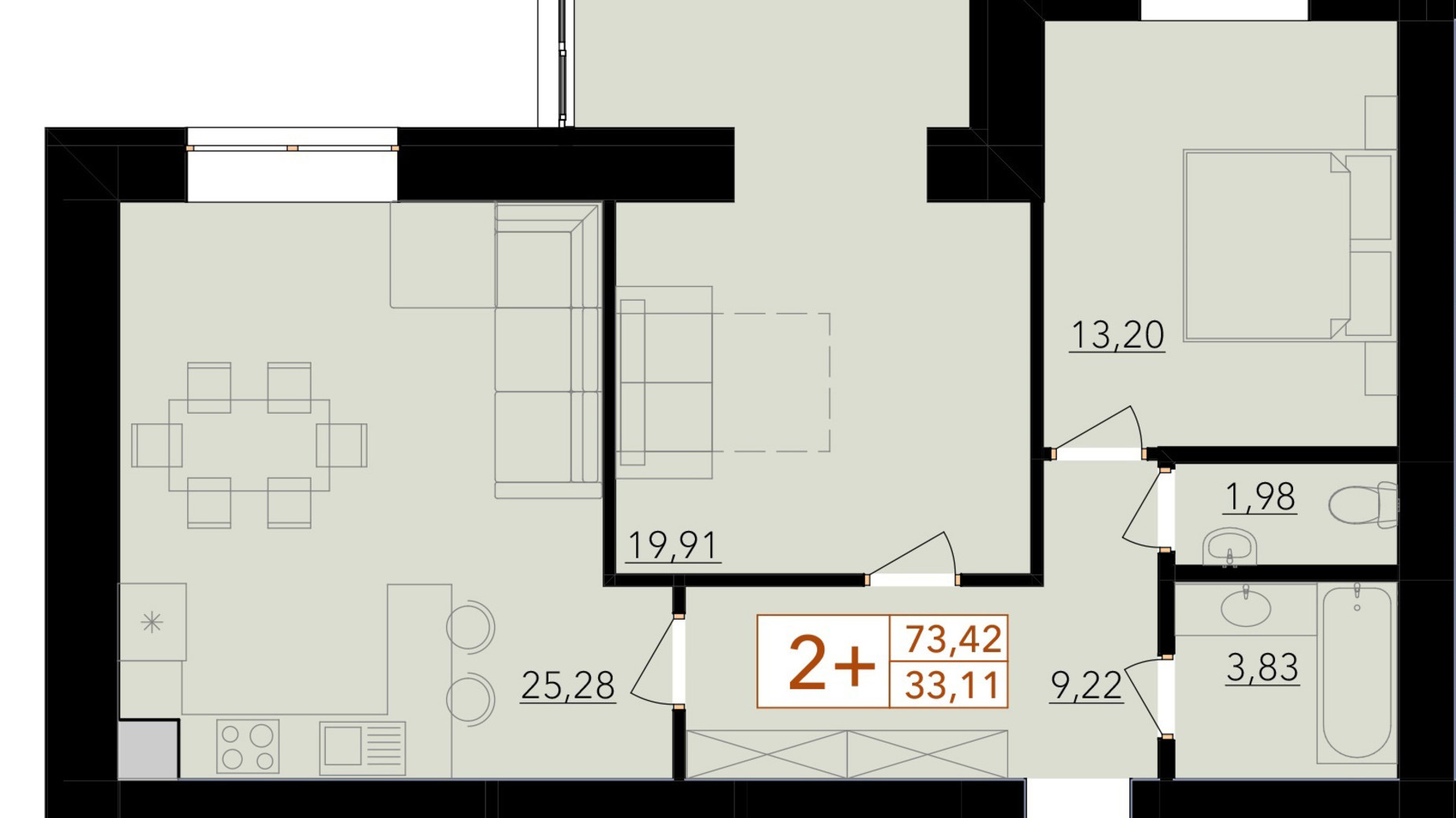 Планування 2-кімнатної квартири в ЖК Harmony for life 73.42 м², фото 396648