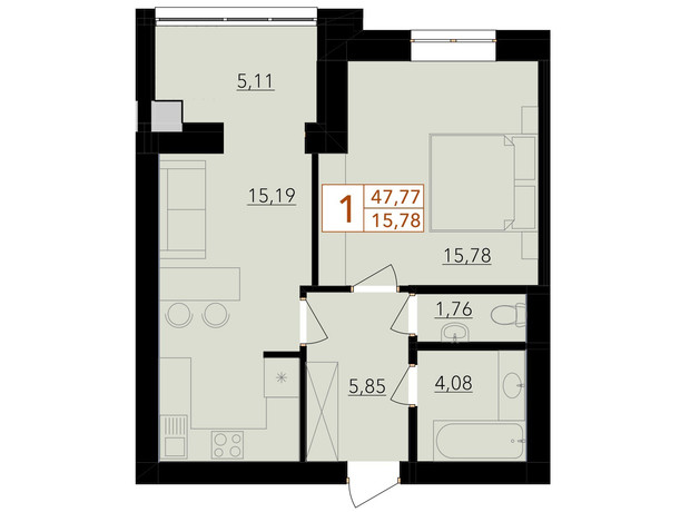 ЖК Harmony for life: планировка 1-комнатной квартиры 47.77 м²