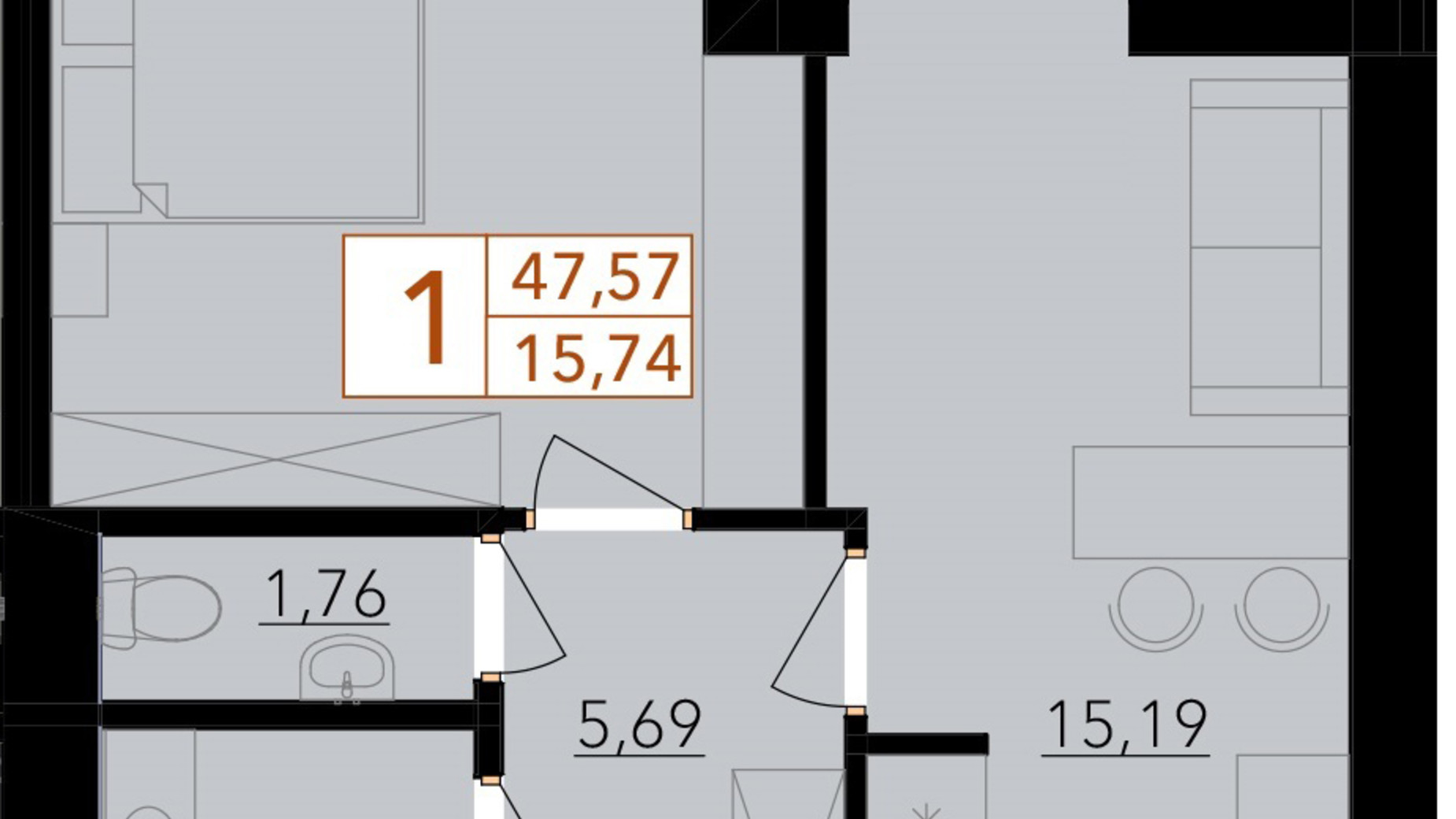 Планировка 1-комнатной квартиры в ЖК Harmony for life 47.57 м², фото 396657