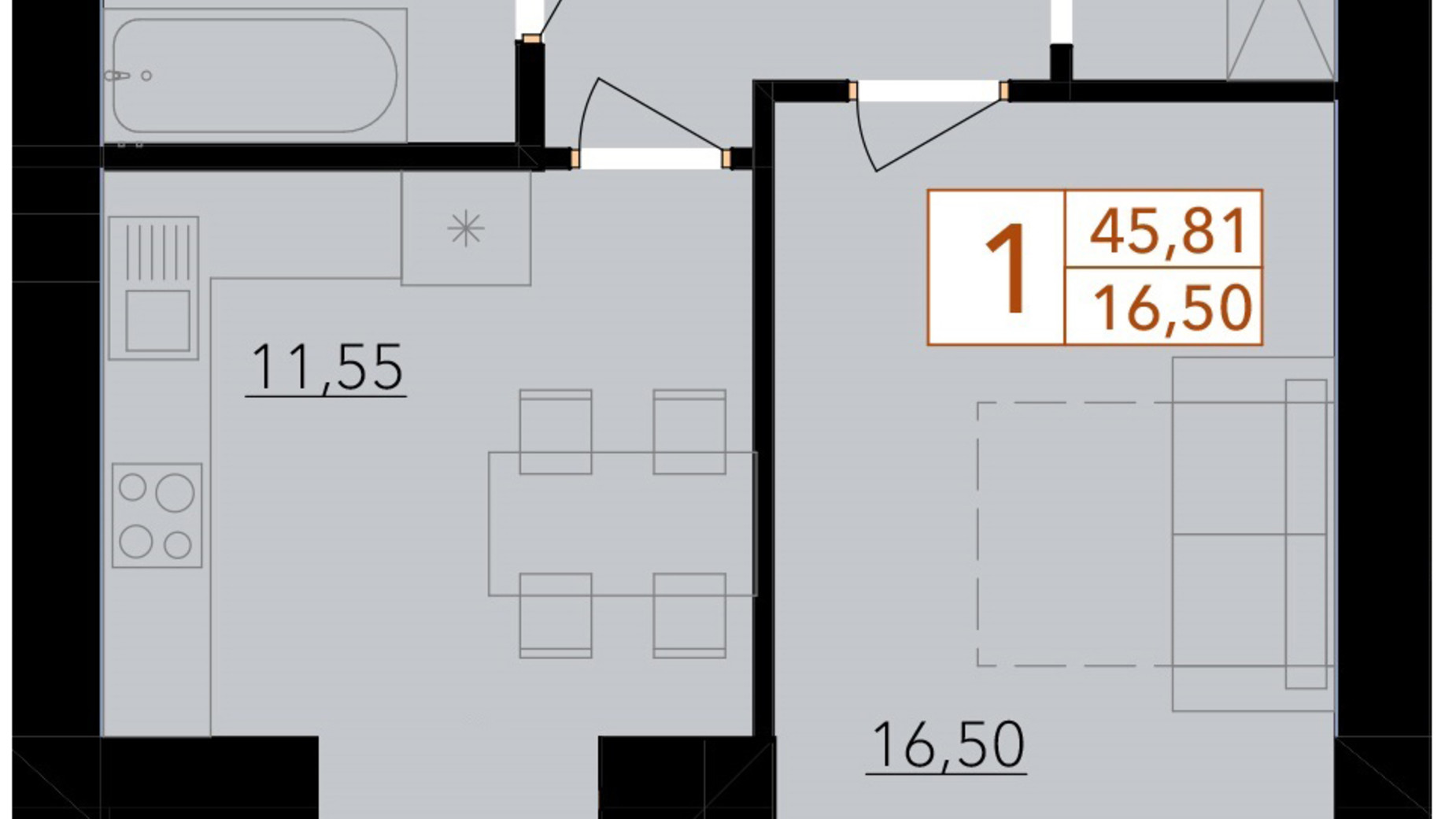 Планування 1-кімнатної квартири в ЖК Harmony for life 45.81 м², фото 396658