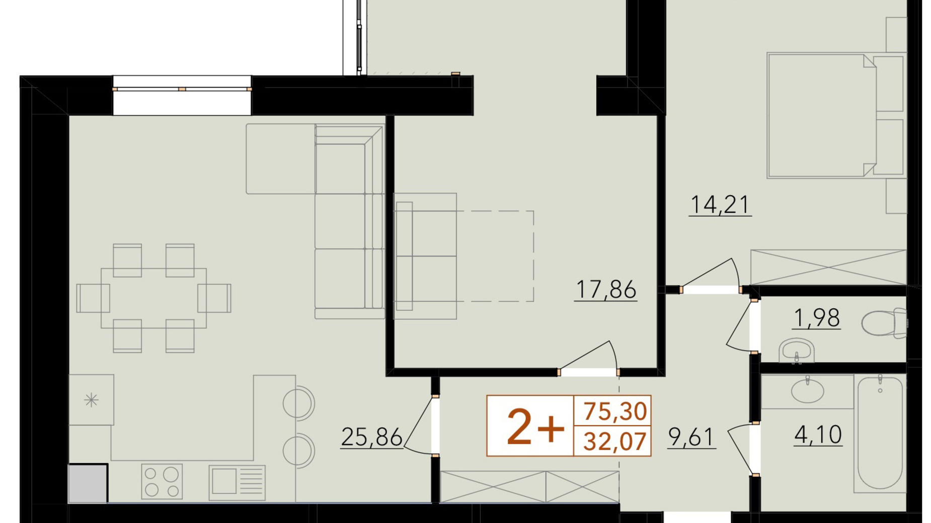 Планування 2-кімнатної квартири в ЖК Harmony for life 75.3 м², фото 396660