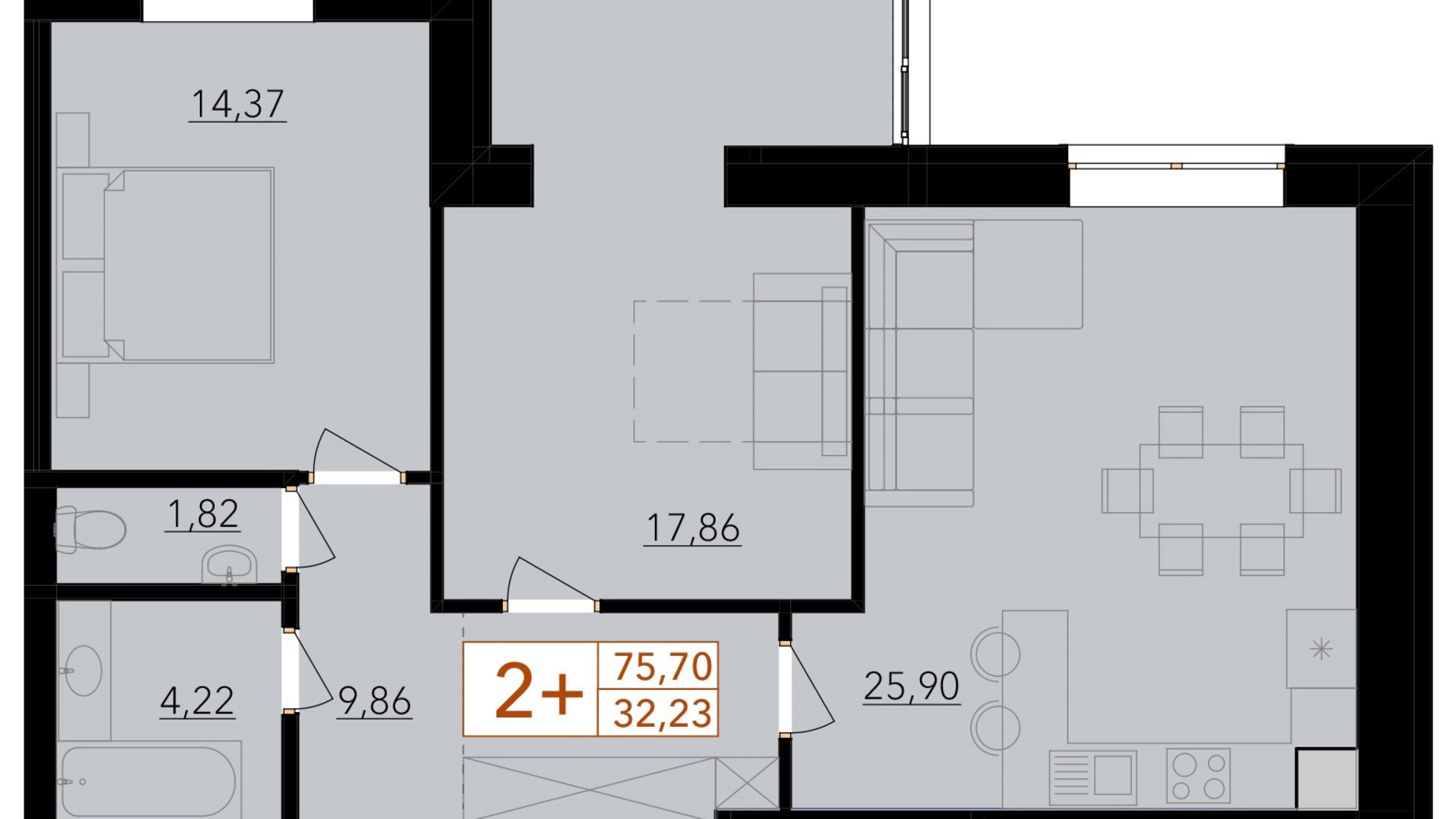 Планировка 2-комнатной квартиры в ЖК Harmony for life 75.7 м², фото 396661