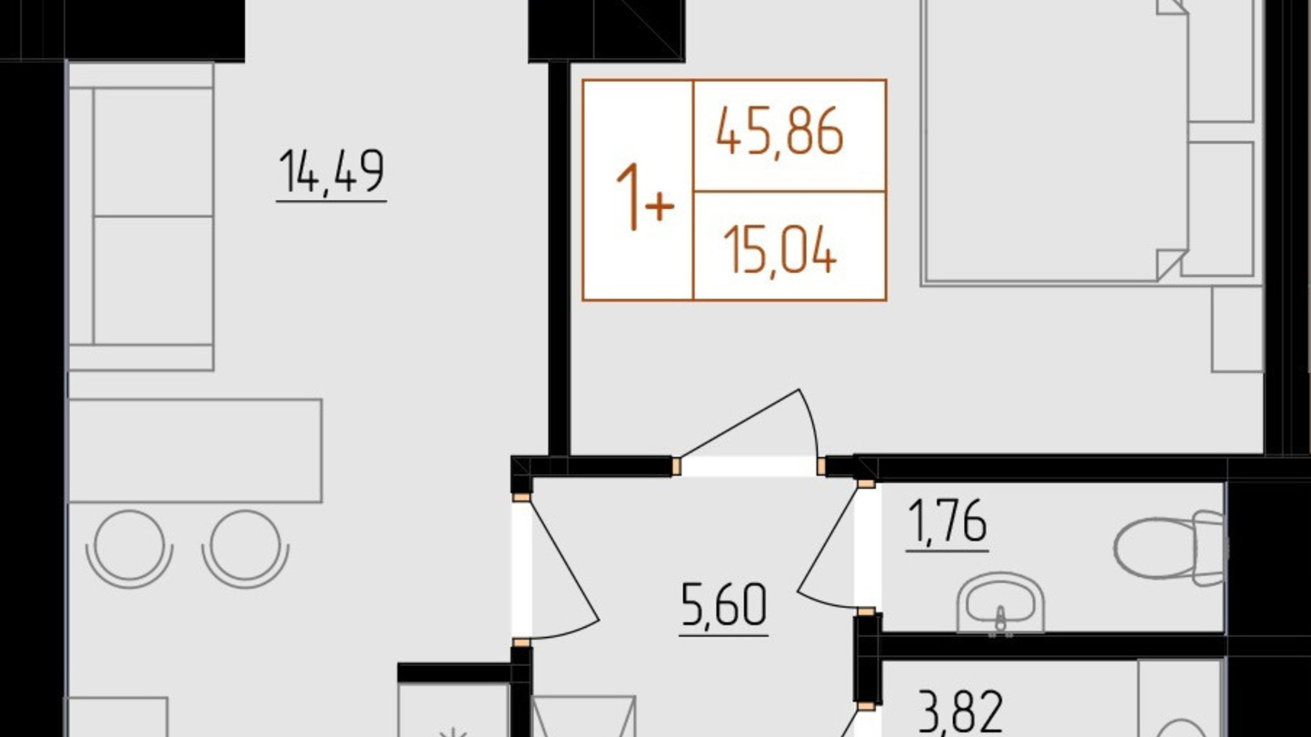 Планування 1-кімнатної квартири в ЖК Harmony for life 45.86 м², фото 396662