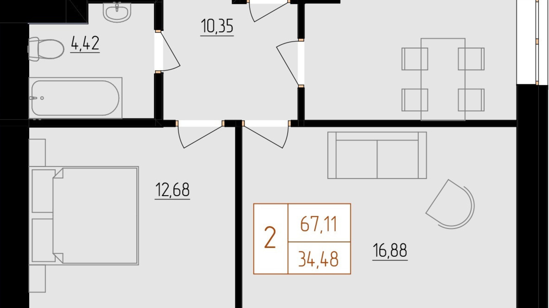 Планування 2-кімнатної квартири в ЖК Harmony for life 67.11 м², фото 396665