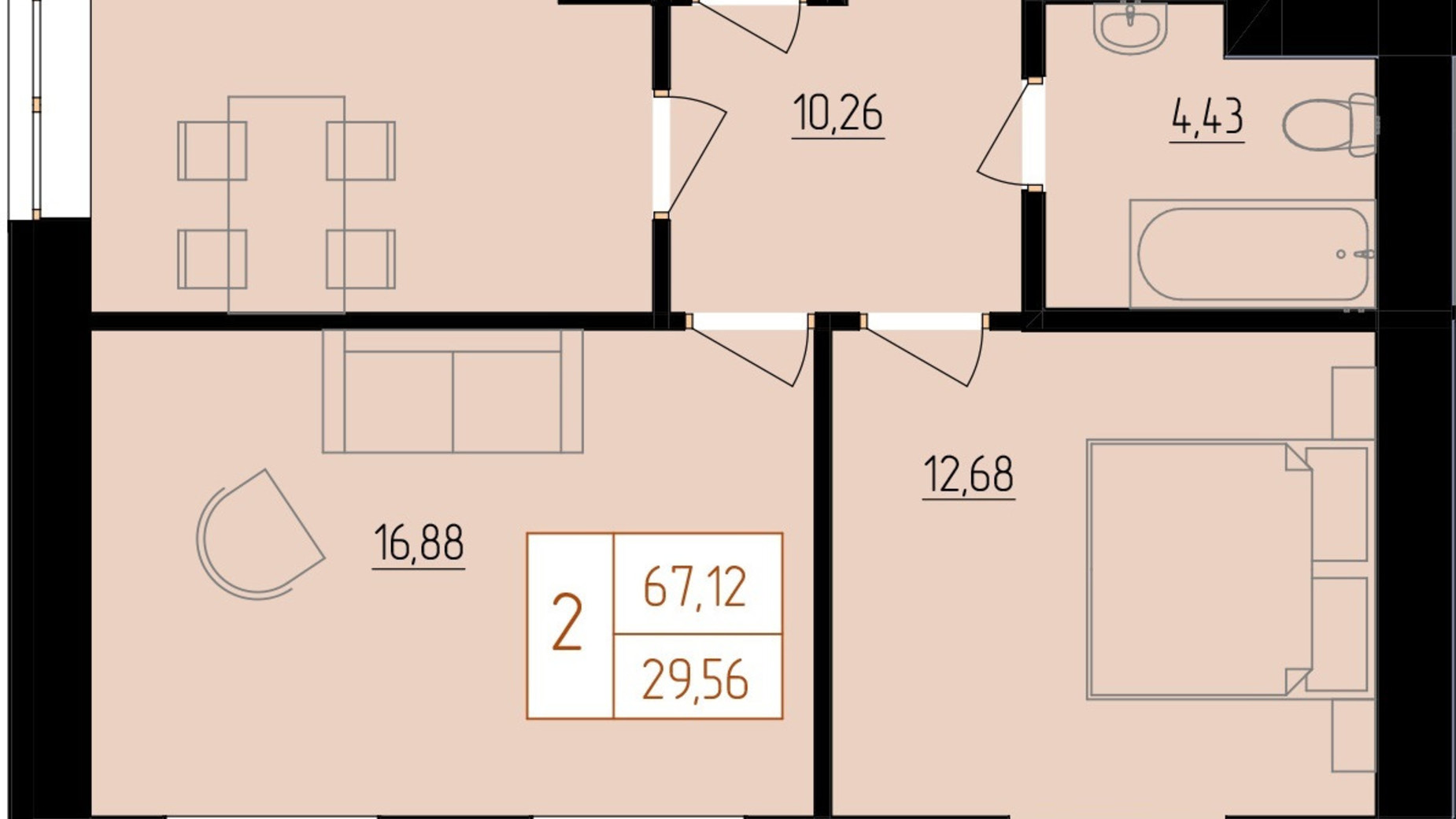 Планировка 2-комнатной квартиры в ЖК Harmony for life 67.12 м², фото 396666