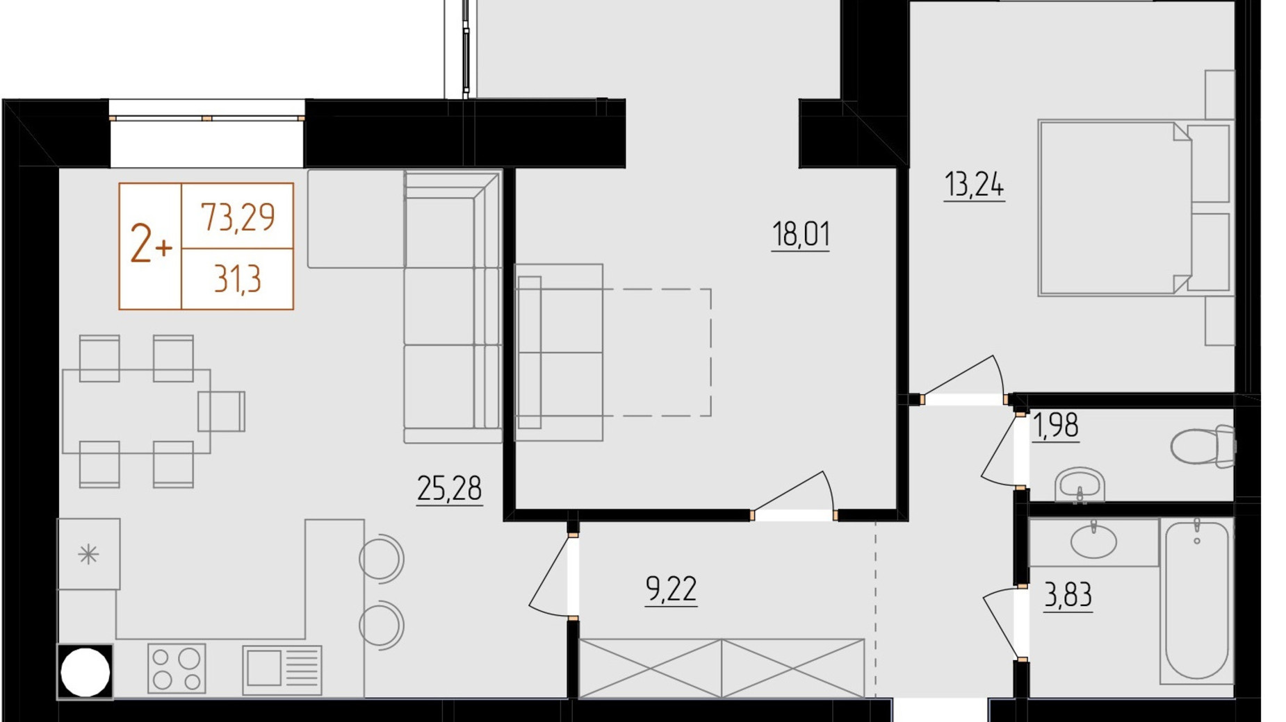 Планировка 2-комнатной квартиры в ЖК Harmony for life 73.29 м², фото 396668